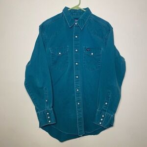 Vintage Wrangler Shirt Pearl Snap X-Long Tails Denim Long Sleeve 17-34 Western